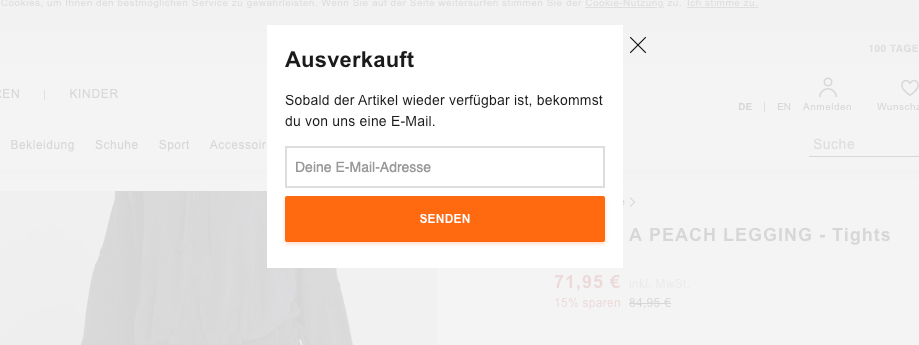 Zalando provides an e-mail notification dialogue if a product or size is sold out